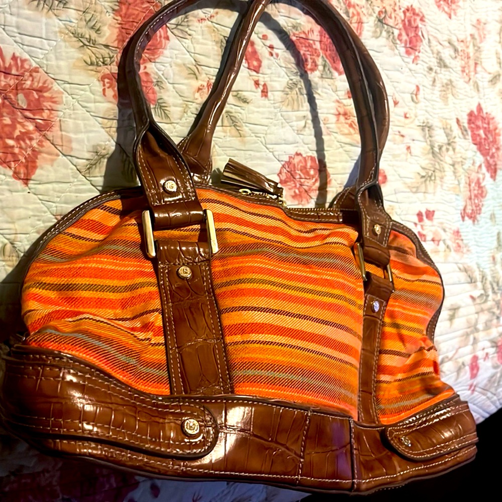 Liz claiborne purse, orange, small horizontal stripes, w/ faux brown straps